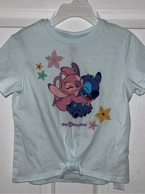 Disney Light Blue Girls' Stitch & Angel Graphic Tee with Front Knot